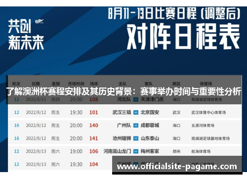 了解澳洲杯赛程安排及其历史背景:赛事举办时间与重要性分析 了解澳洲杯赛程安排及其历史背景:赛事举办时间与重要性分析