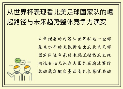 从世界杯表现看北美足球国家队的崛起路径与未来趋势整体竞争力演变